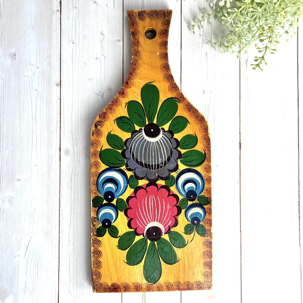 Vintage Wood Cutting Board Hand Painted Russian Khokhloma Style Folk Art Floral